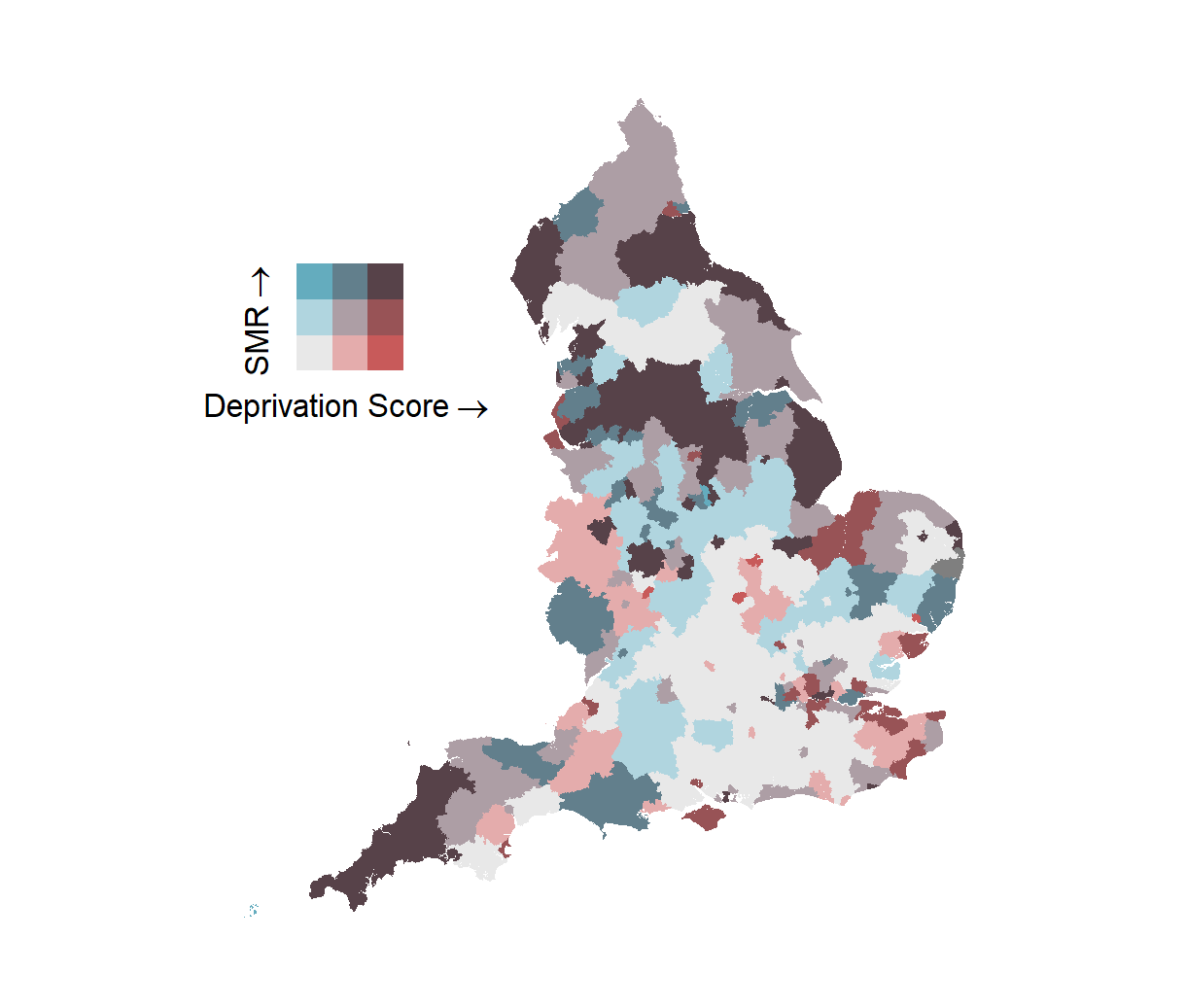 Map of England showing CHD mortality and deprivation by local authority