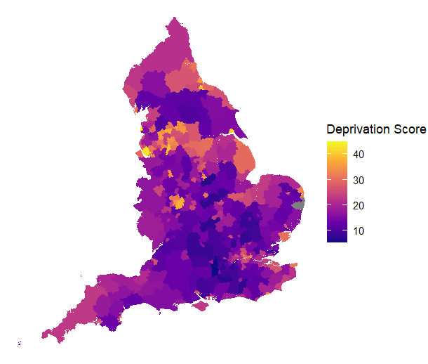 Map of England showing deprivation by local authority