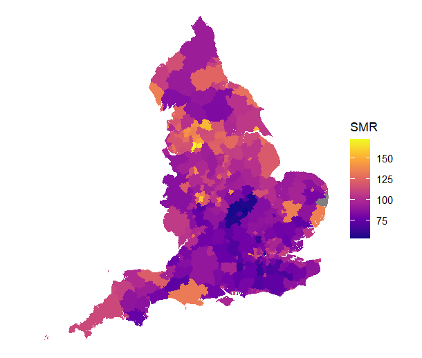 Map of England showing CHD mortality by local authority